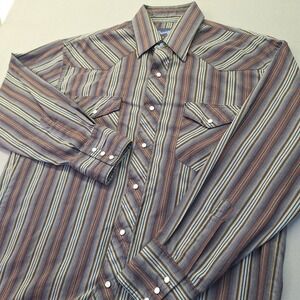Wrangler Mens Western Snap Shirt Striped Long Sleeve X-Long Tails 16-33 Blue
